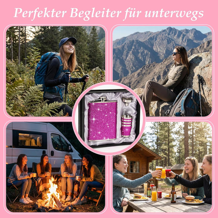 Flachmann Edelstahl mit Leder 240ml und 4 Shot Becher Set – Rosa, ideal für Reisen, JGA, Party und G