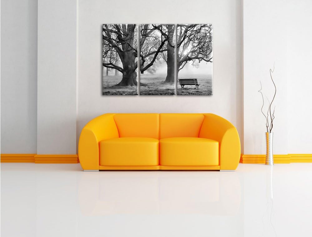 Pixxprint Monocrome, Baum und Bank im Nebel 3-Teiler Leinwandbild 120x80 Bild auf Leinwand
