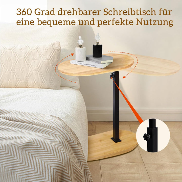 KUKKUME Beistelltisch C Form Höhenverstellbar Kleiner Tisch Bambusholz und Metall Couchtisch Sofatis