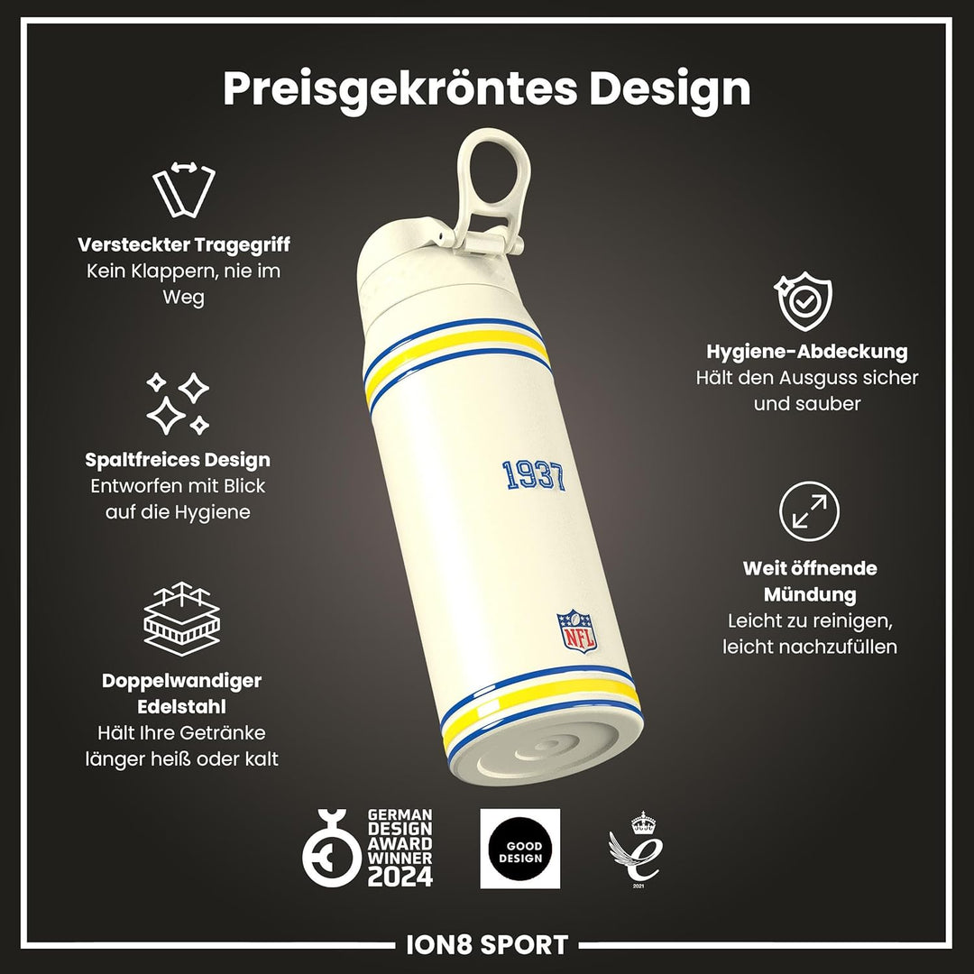 ion8 NFL Edelstahl-Trinkflasche, Auslaufsicher, Einhandöffnung, Sichere Verriegelung, Spülmaschinenf