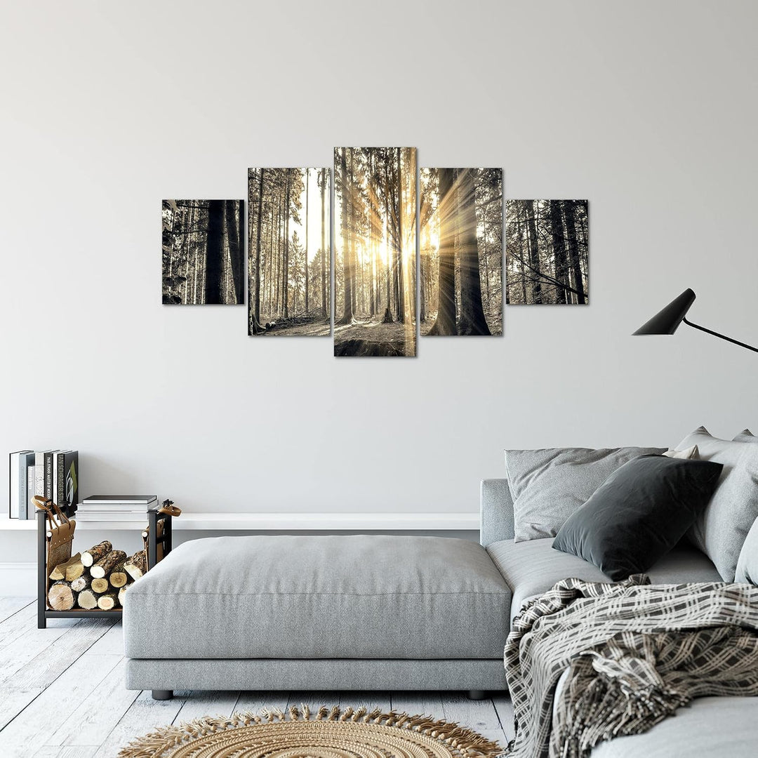 Runa Art Bild Schlafzimmer Wohnzimmer Wald Landschaft 5 Teilig Sonne Grau Braun Wandbilder auf Vlies