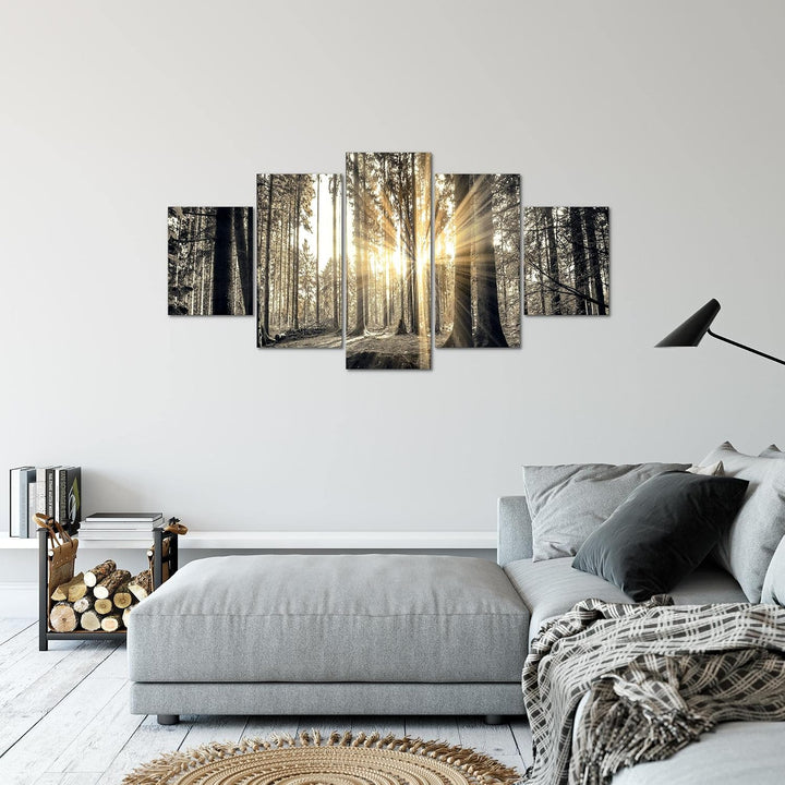 Runa Art Bild Schlafzimmer Wohnzimmer Wald Landschaft 5 Teilig Sonne Grau Braun Wandbilder auf Vlies