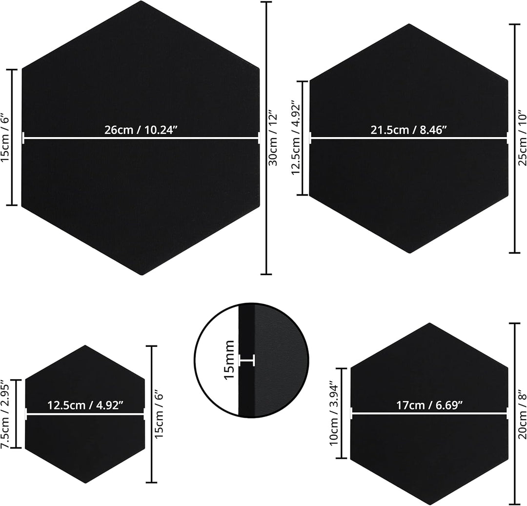 Belle Vous 4 Stk Sechseckige Leinwand Schwarz - 4 Verschiedene Grössen - Vorgespannte Schwarze Leinw
