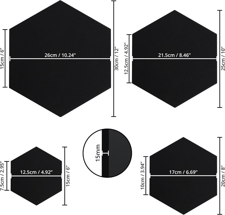 Belle Vous 4 Stk Sechseckige Leinwand Schwarz - 4 Verschiedene Grössen - Vorgespannte Schwarze Leinw
