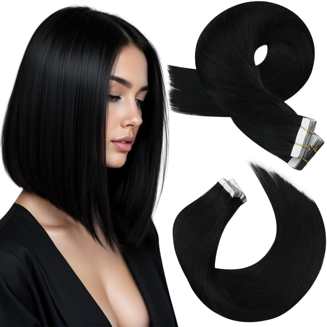 Moresoo Tape Extensions Echthaar Haarverlängerung Brasilianer Haar Extensions Tape Schwarz #1 Seamel