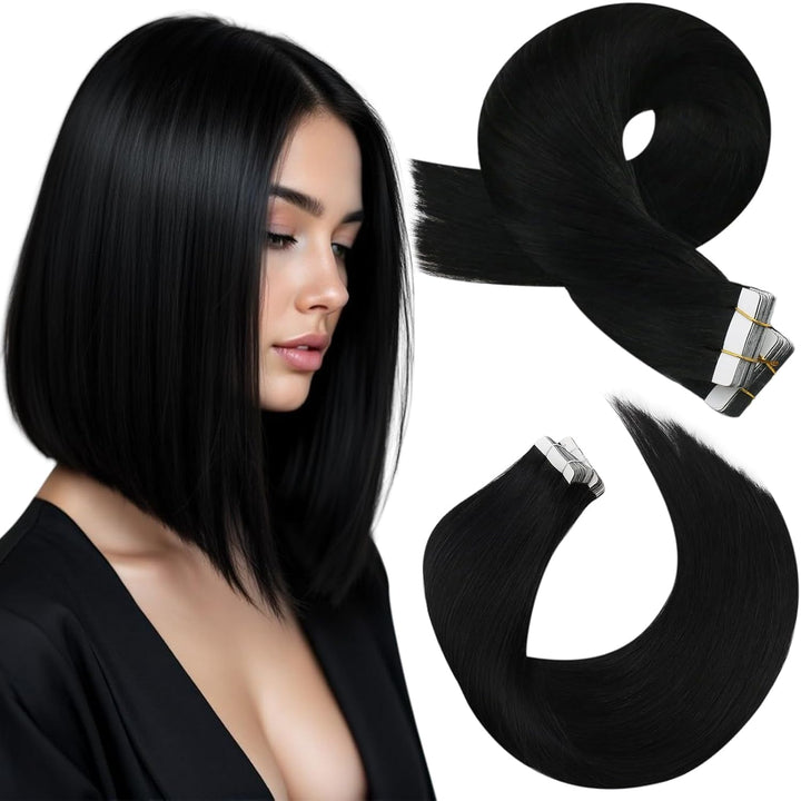 Moresoo Tape Extensions Echthaar Haarverlängerung Brasilianer Haar Extensions Tape Schwarz #1 Seamel