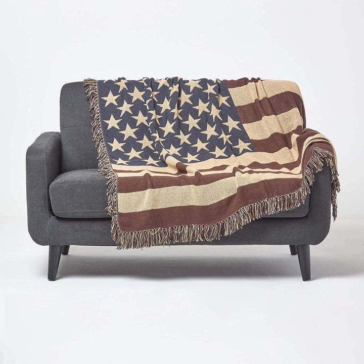 Homescapes handgewobener Überwurf Flagge Amerika 125 x 150 cm 100% reine Baumwolle – USA Stars & Str