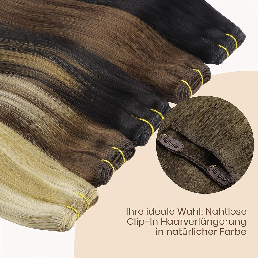 GOO GOO Clip in Extensions Echthaar, 120g 7 Stück 50cm 20 Zoll Walnussbraun bis Aschbraun und Bleich