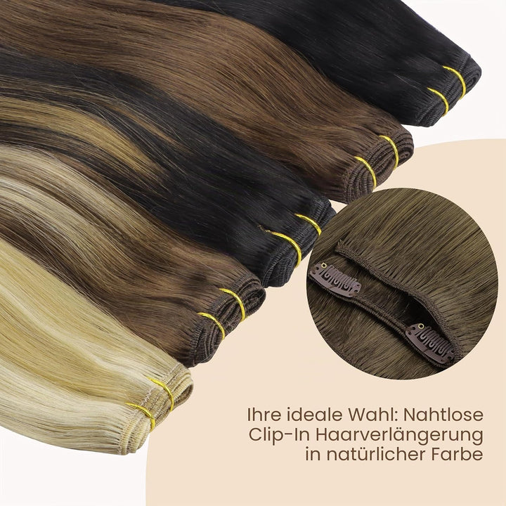 GOO GOO Clip in Extensions Echthaar, 120g 7 Stück 35cm 14 Zoll Walnussbraun bis Aschbraun und Bleich