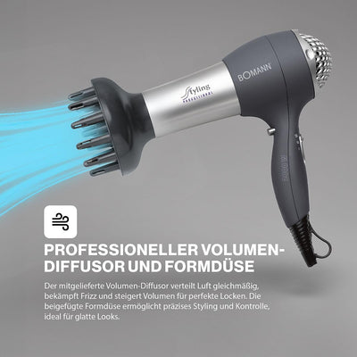 Bomann® Haartrockner mit Diffusor & Formdüse | Hair Dryer mit "Cool Shot" für glänzendes Haar | Haar