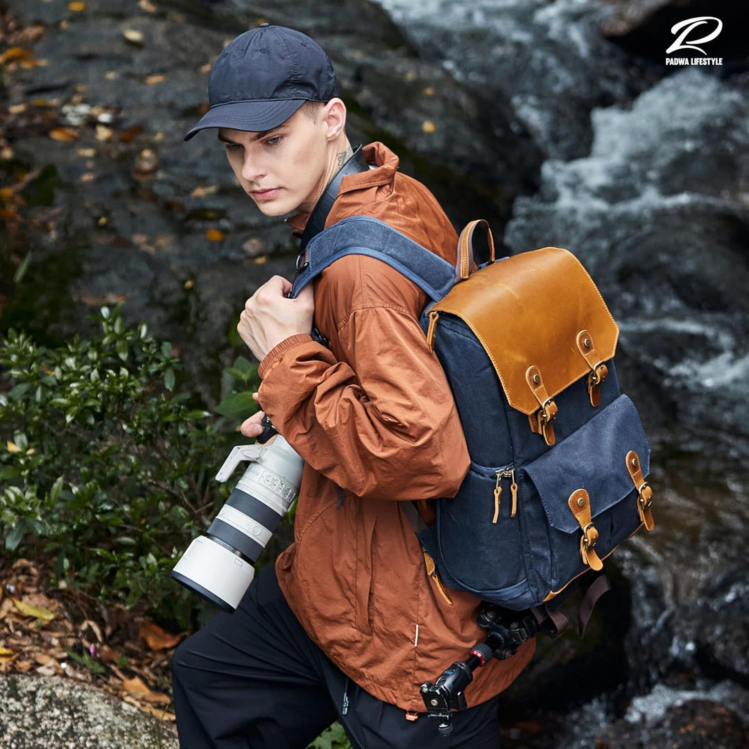Padwa Lifestyle Blau Kamerarucksack - wetterfeste Kameratasche aus gewachstem Memory Canvas mit 16“