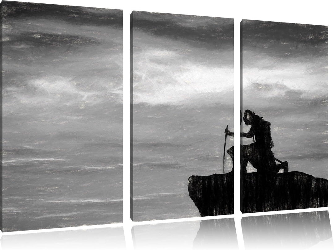 Pixxprint Samurai auf der Spitze des Berges / 3-Teilig/Gesamtmass 120cm Leinwandbild bespannt auf Ho