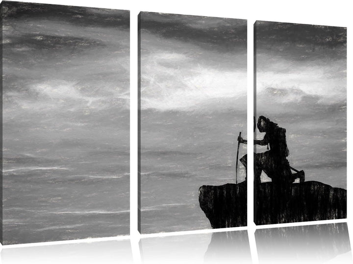Pixxprint Samurai auf der Spitze des Berges / 3-Teilig/Gesamtmass 120cm Leinwandbild bespannt auf Ho