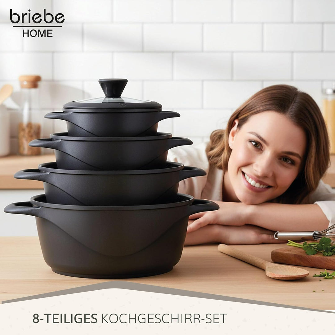 briebe Topfset Induktion 8-Teilig, Kochtopf Set 4 Töpfen aus Aluminiumguss, Antihaftbeschichtung ILA