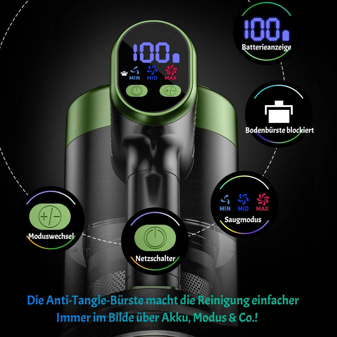Akku Staubsauger 50KPa/500W/55Mins, Staubsauger Kabellos mit Wandmontierte Ladestation, Selbststehen
