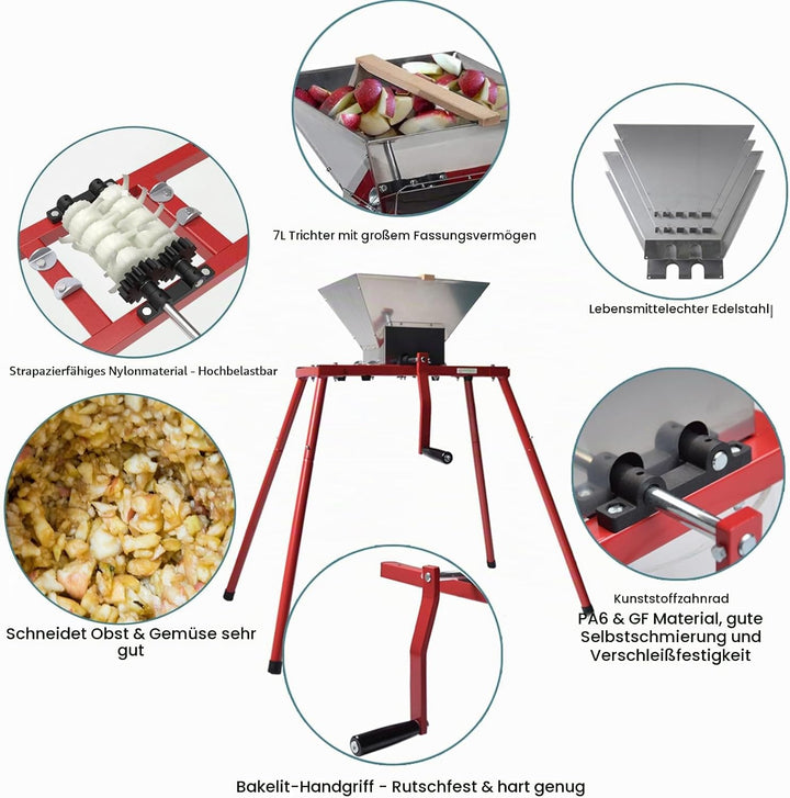 SQUEEZE master 7L Obstmühle mit Ständer, Edelstahl Apfelpresse, 7 Liter Handmühle, Edelstahltrichter