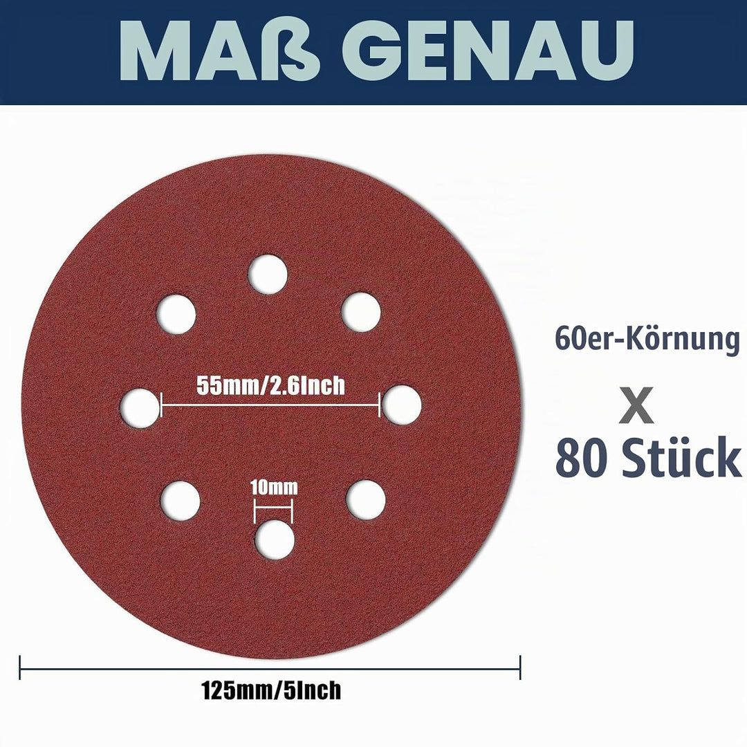 80 Stück Schleifpapier 125mm Klett, Schleifscheiben 8 Loch, Exzenter Runde Schleifpapier (80 Stück 6