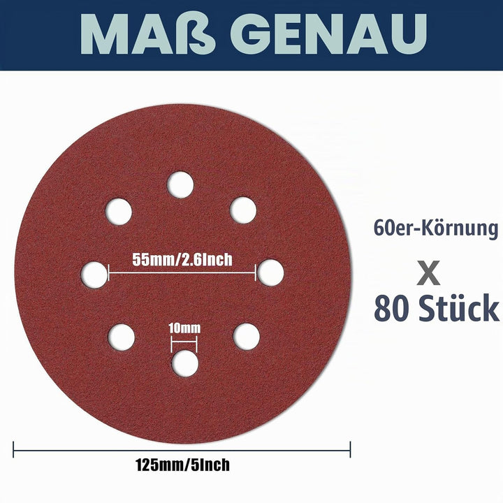 80 Stück Schleifpapier 125mm Klett, Schleifscheiben 8 Loch, Exzenter Runde Schleifpapier (80 Stück 6