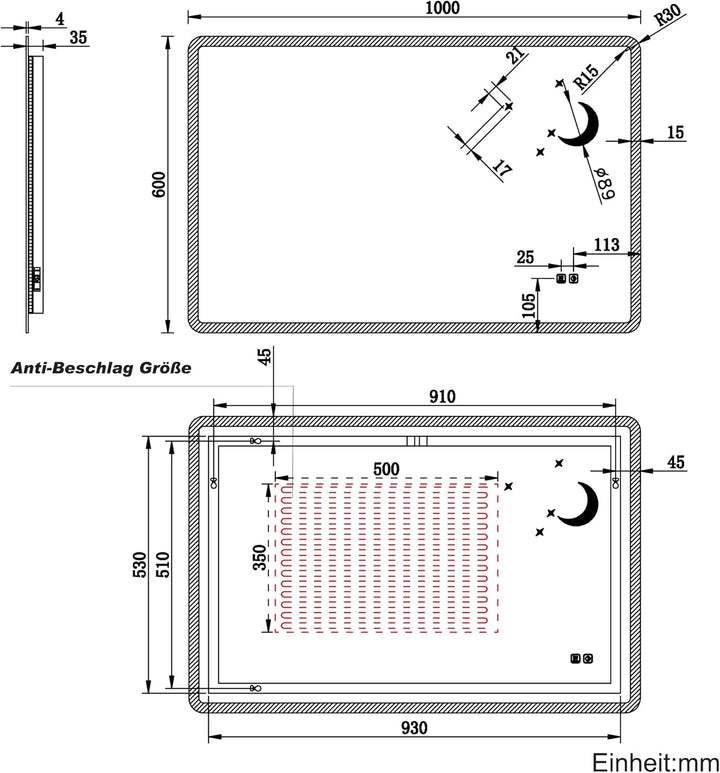 SONNI Badspiegel mit Beleuchtung 100x60 cm, LED Spiegel mit Touch-Schalter, Dimmbar, Beschlagfrei, 3