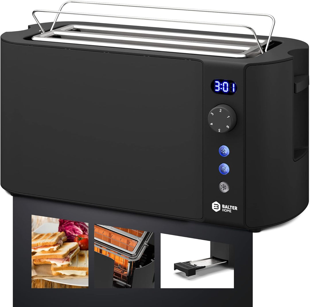 Balter Toaster 4 Scheiben, Langschlitz, Edelstahl, Brötchenaufsatz, LCD Display mit Restzeitanzeige,