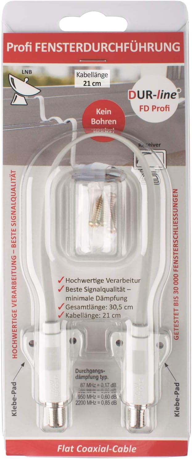 DUR-line® Profi Fensterdurchführung (2Stück) M - 21cm Kabellänge - Minimale Dämpfung, maximale Schir