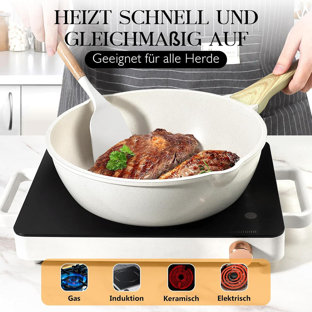 GiPP 28 cm Wokpfanne mit Deckel, Antihaft Pfanne mit Deckel 28cm Hoher Rand, Granit-Antihaftbeschich