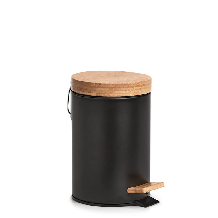 Kosmetikeimer aus Metall mit Bambusdeckel schwarz 3 Liter mit Absenkautomatik Schwarz Ø16,8 x 24 cm,