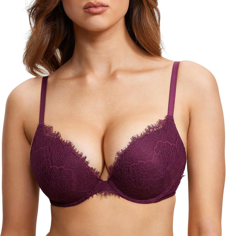DOBREVA Damen Push Up BH mit Blumen Wimpern Spitze Sexy Bügel BHS Gepolstert 75A Traubenwein, 75A Tr