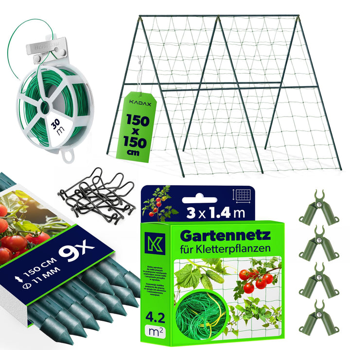 KADAX Gurken Rankhilfe Set – 9 x Pflanzstab 150 cm, Ranknetz 3 x 1,4 m, 4 x Pflanzstab-Verbinder, 30