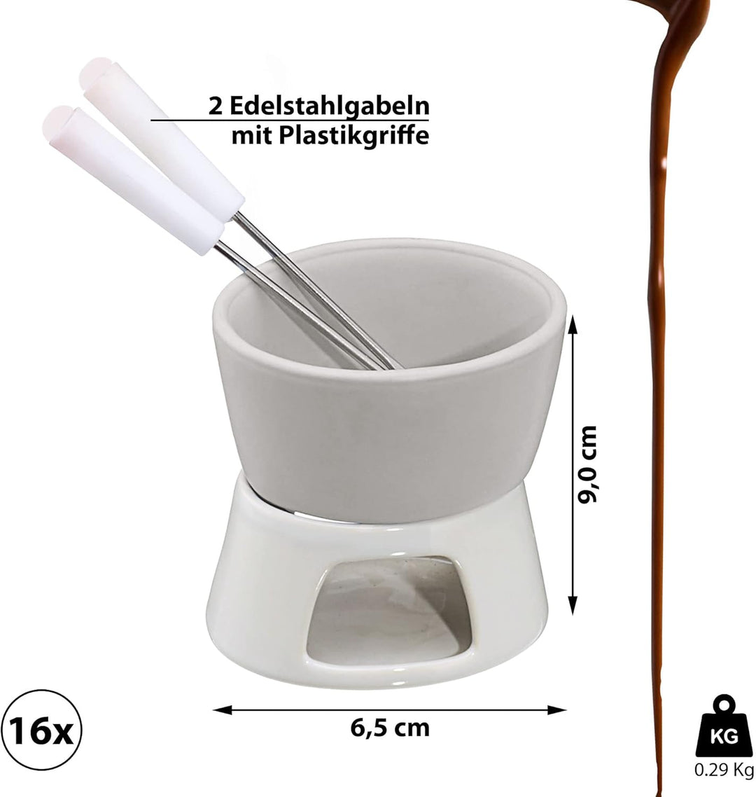 Cepewa 16 x Keramik Schokofondue Set Fondue-Set Schokolandenfondue weiss inkl. 2 Edelstahlgabeln (16