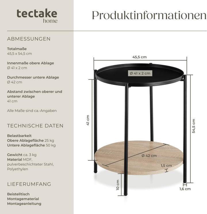 tectake® Beistelltisch rund, Nachttisch Metall und Holz, Couchtisch rund mit Stauraum auf 2 Ebenen,