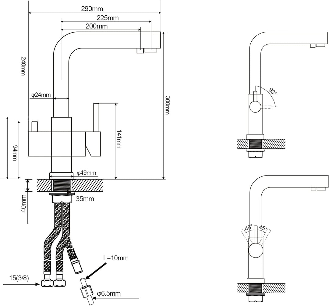 BONADE 3 Wege Wasserhahn Küche, 360° Drehbar Armatur Trinkwasserhahn mit 2 Hebel, Mischbatterie Küch