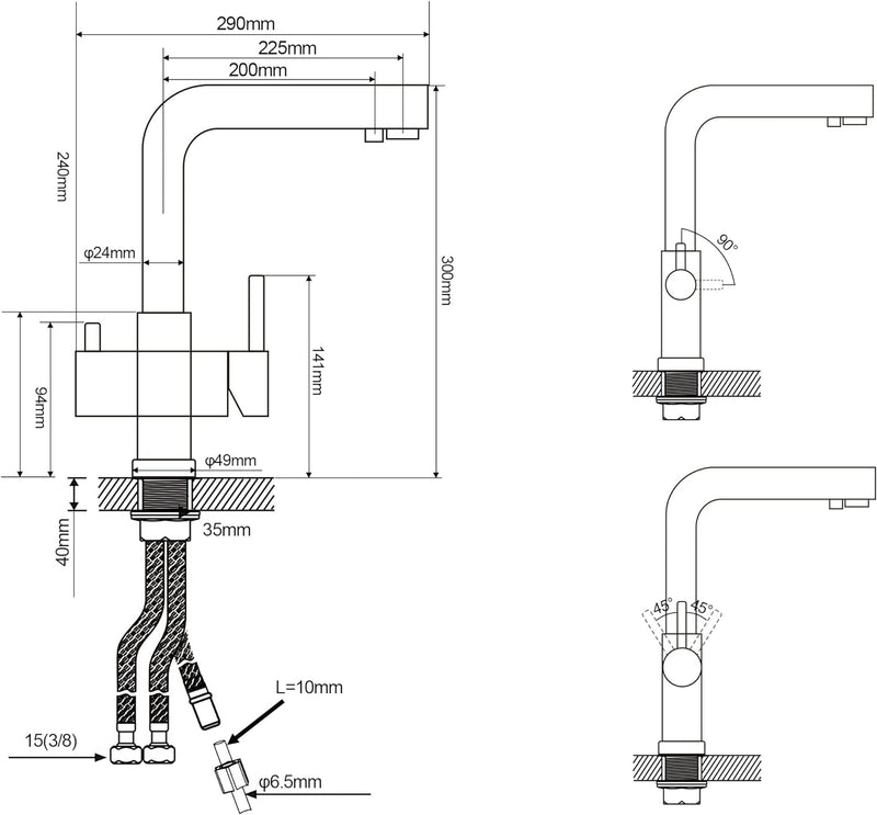 BONADE 3 Wege Wasserhahn Küche, 360° Drehbar Armatur Trinkwasserhahn mit 2 Hebel, Mischbatterie Küch