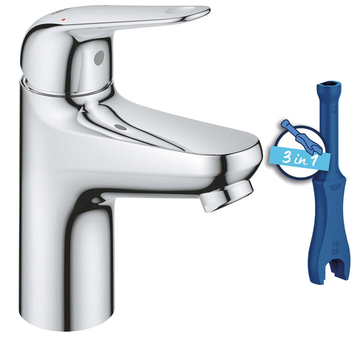 GROHE Swift - Waschtischarmatur (wassersparend, ~16cm hoch, inkl. Montagewerkzeug, Push-Open Ablauf)