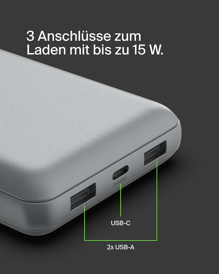 Belkin tragbares USB-C-Ladegerät, 20.000mAh, 20K Powerbank mit USB-C-EIN-/Ausgang und 2 USB-A-Anschl