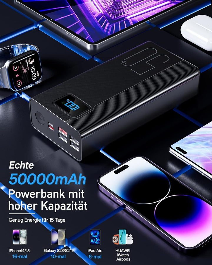 50000mAh Power Bank：22.5W Schnellladung Externer Akku mit Grosse Kapazität und 5 Ausgänge & 3 Eingän