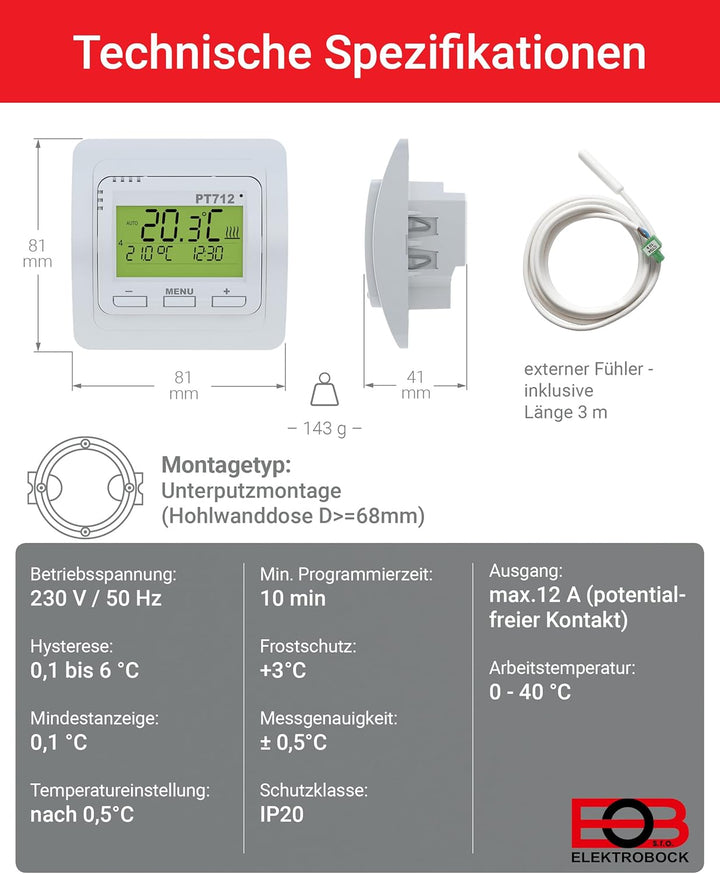 ELEKTROBOCK PT712-EI Raumthermostat 230V – Digitaler Thermostat für elektrische Fussbodenheizung – W
