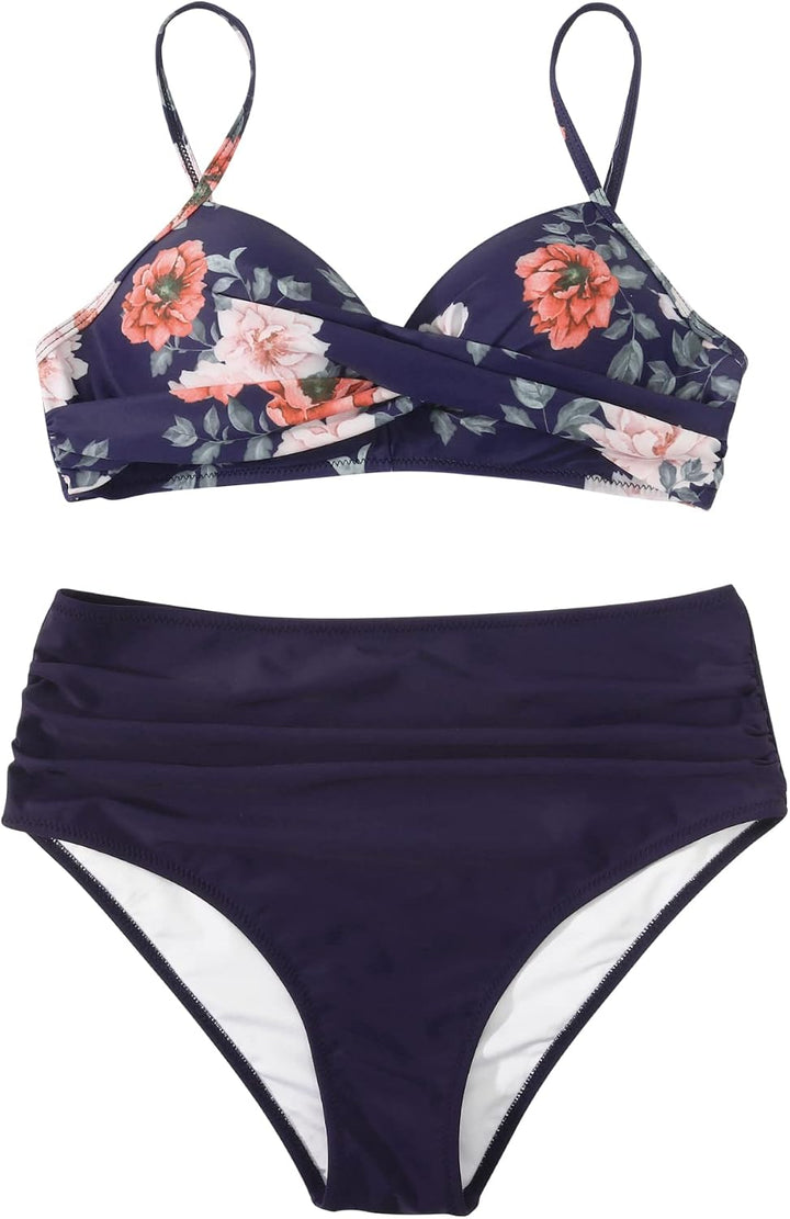 RXRXCOCO Damen Wickel Push Up bikini Oberteil Bauchweg High Waist Bikini Set Bademode M Blaue Blume,