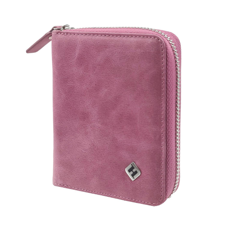 Damen Geldbörse pink, Oil-Wax-Leder, Reissverschluss, Münzfach, viele Fächer, RFID Schutz - Geldbörs