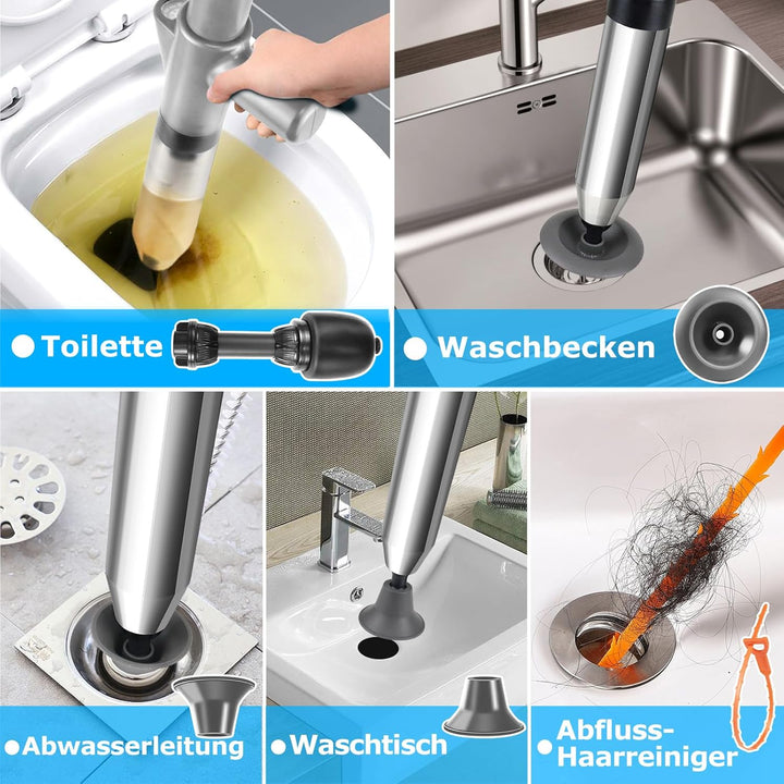 Hochdruck Abflussreiniger Pumpe mit Luftdruckanzeige, Rohrreiniger Druckluft mit 4 Saugnäpfen, Grau