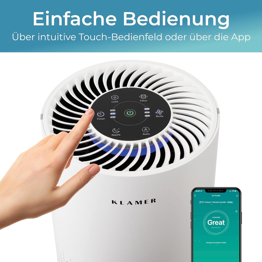 KLAMER Luftreiniger 300i mit HEPA Filter, CADR Spitzenleistung von 220 m³/h, für Räume bis 50m², ent