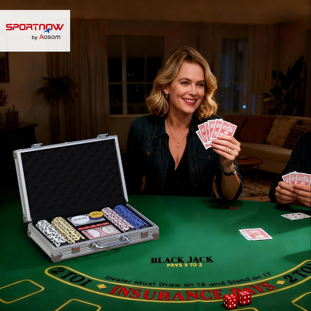 SPORTNOW Pokerkoffer abschliessbar Pokerset mit Koffer 200 Clay Chips Karten 5 Würfel Dealer Button