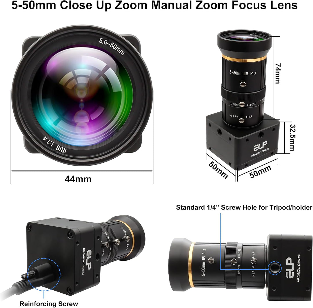 ELP Global Shutter USB3.0 Kamera,5MP 60fps10-facher manueller 5-50mm Varifokal, Bewegungserfassung f
