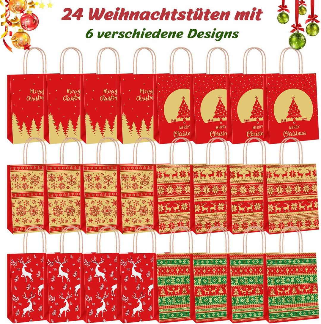 24 Stk Geschenktüten Weihnachten, Weihnachtstüten 27 x 21 x 11 cm, Papiertüten Braun, Kraftpapier Tü