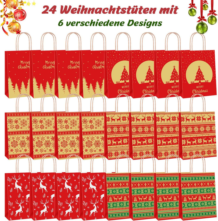 24 Stk Geschenktüten Weihnachten, Weihnachtstüten 27 x 21 x 11 cm, Papiertüten Braun, Kraftpapier Tü
