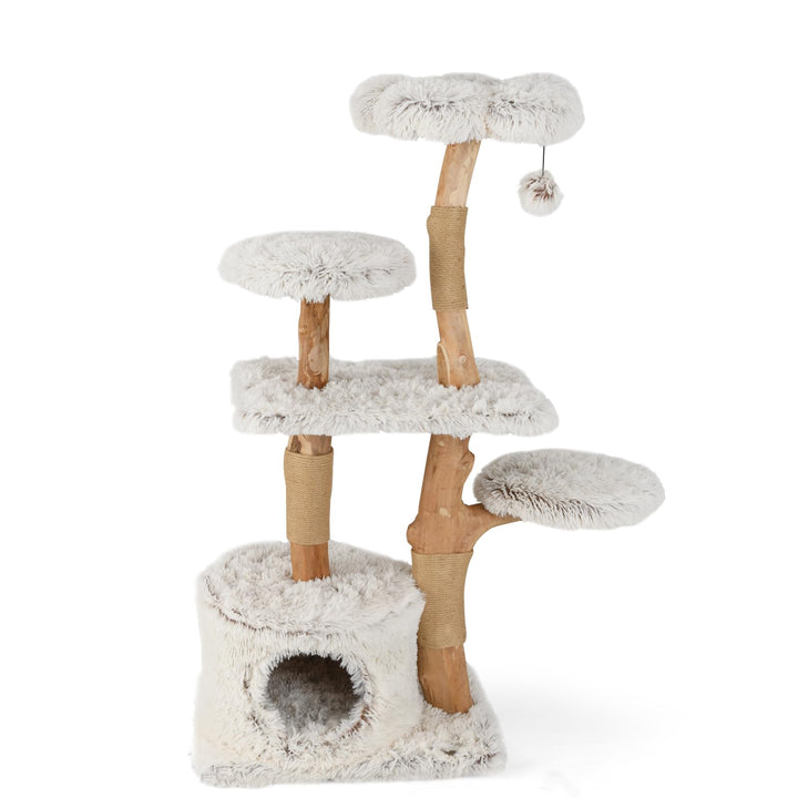 SOARS Kratzbaum Holz, Katzenbaum mit 2 natürlichen Birnbaumstämmen, Sitzplattform & Plüschflächen, S