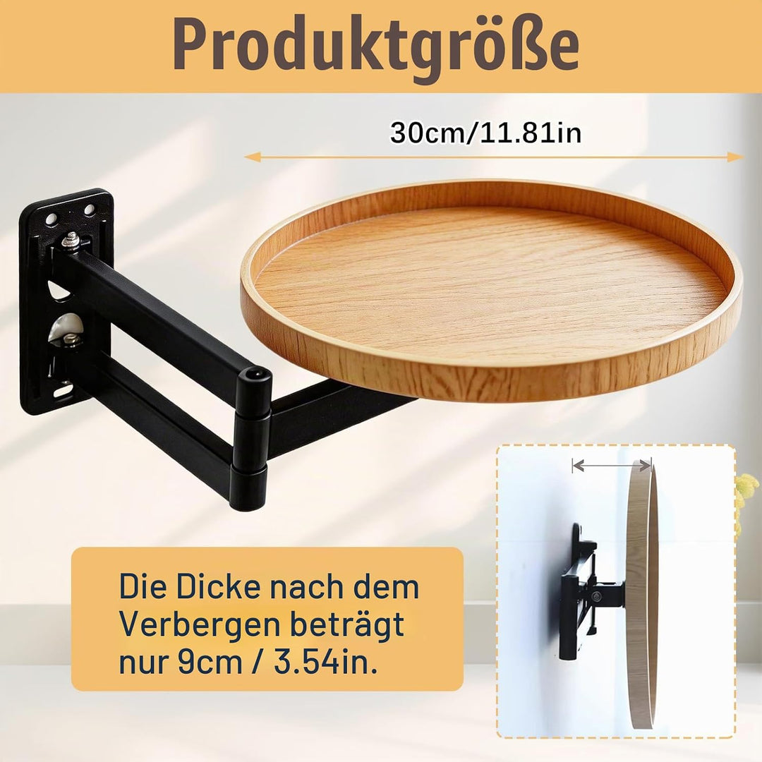 Wandklapptisch Rund, Wandtisch Klappbar für Nachttisch, 180° Drehbares Schweberegal, 30 x 30cm Rund