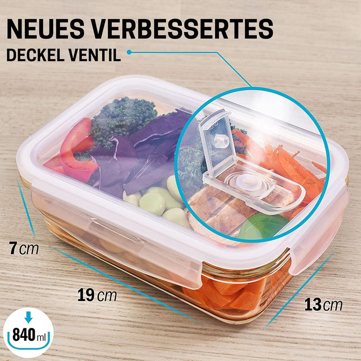 Meal Prep Container aus Glas mit Transparentem Dampfventildeckel – Luftdicht Verschliessbare Frischh