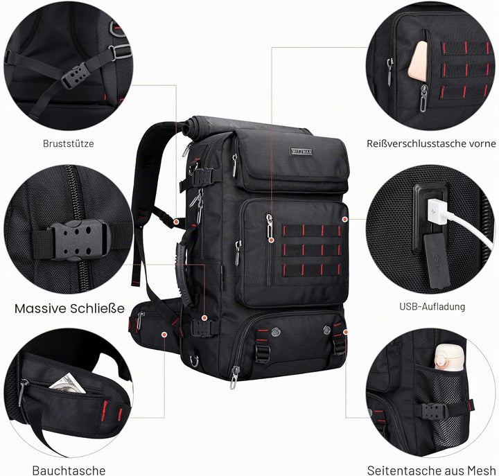 WITZMAN Reiserucksack Herren Gross Reisetasche Reiserucksack Handgepäck Flugzeug mit USB Ladeanschlu