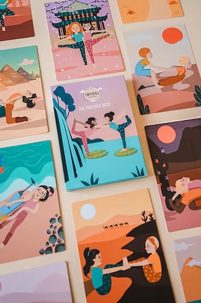 IMYOGI Partner Yoga Karten für Kinder, handillustriert, 30 Partner-Übungen, Meditation für Kinder, K
